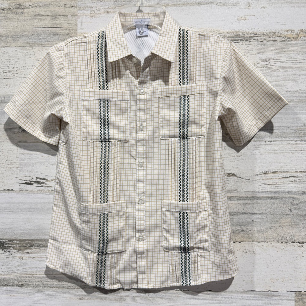 Blue Quail Guayabera Shirt Boys 7 Tan Check UPF 50+ Performance EUC